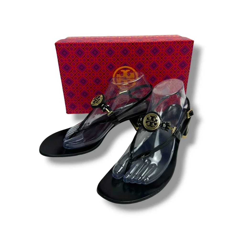Tory Burch Block Heel Sandals Womens 9.5M Black Good Patent Leather Logo Thong